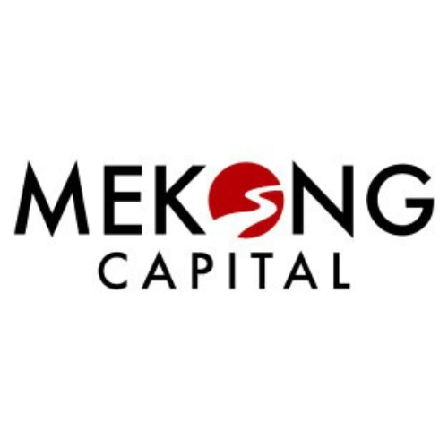 Mekong Capital logo with the company name in black capital letters and a red circle containing a winding white river, symbolizing the Mekong River.