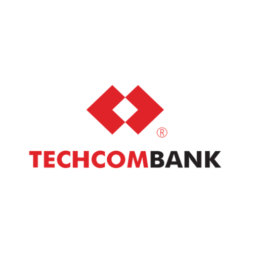 Techcombank logo featuring two red diamond shapes forming a stylized geometric symbol above the bold, two-tone “TECHCOMBANK” text (with “TECHCOM” in red and “BANK” in black).