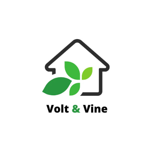 Volt & Vine logo showing a minimalist house outline in black with two green leaves in the center, and the words "Volt & Vine" beneath in bold black text with an ampersand symbol in green.